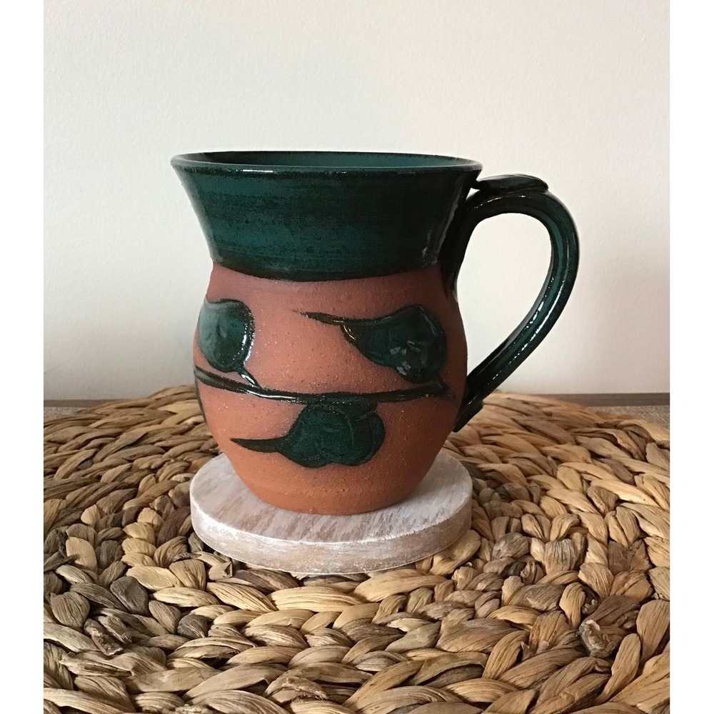 Vtg TG Coffee Mug Terra Cotta Green Glaze Leaf 12 fl oz. Farmhouse Cottagecore